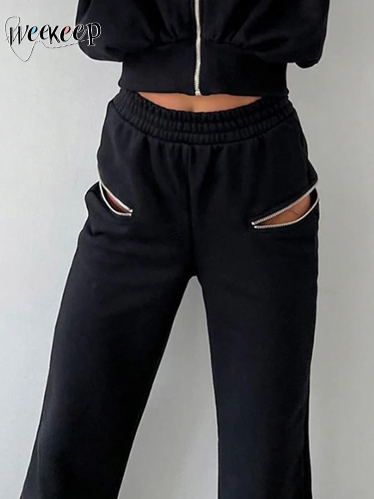 

Weekeep Fashion Zip Up Patchwork Jogging Pants Streetwear y2k High Waist Loose Hollow Out Sweatpant 90s Aesthetic Trousers Women