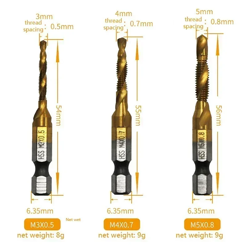 Hand Tool Titanium Plated Hex Shank HSS Screw Thread Metric Tap Drill Bits Screw Machine Compound M3 M4 M5 M6 M8 M10