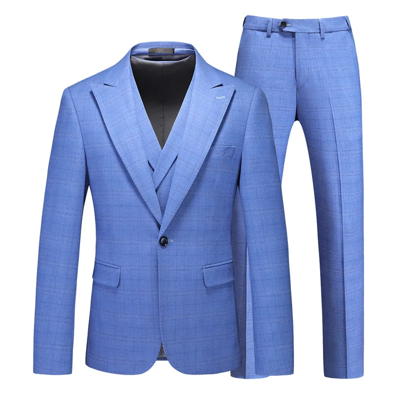 

New 2023 Men's Suit Blue Plaid Set Business Slim Fit Groom Wedding Dress Three Piece Suit Top+Pants+Tank Top