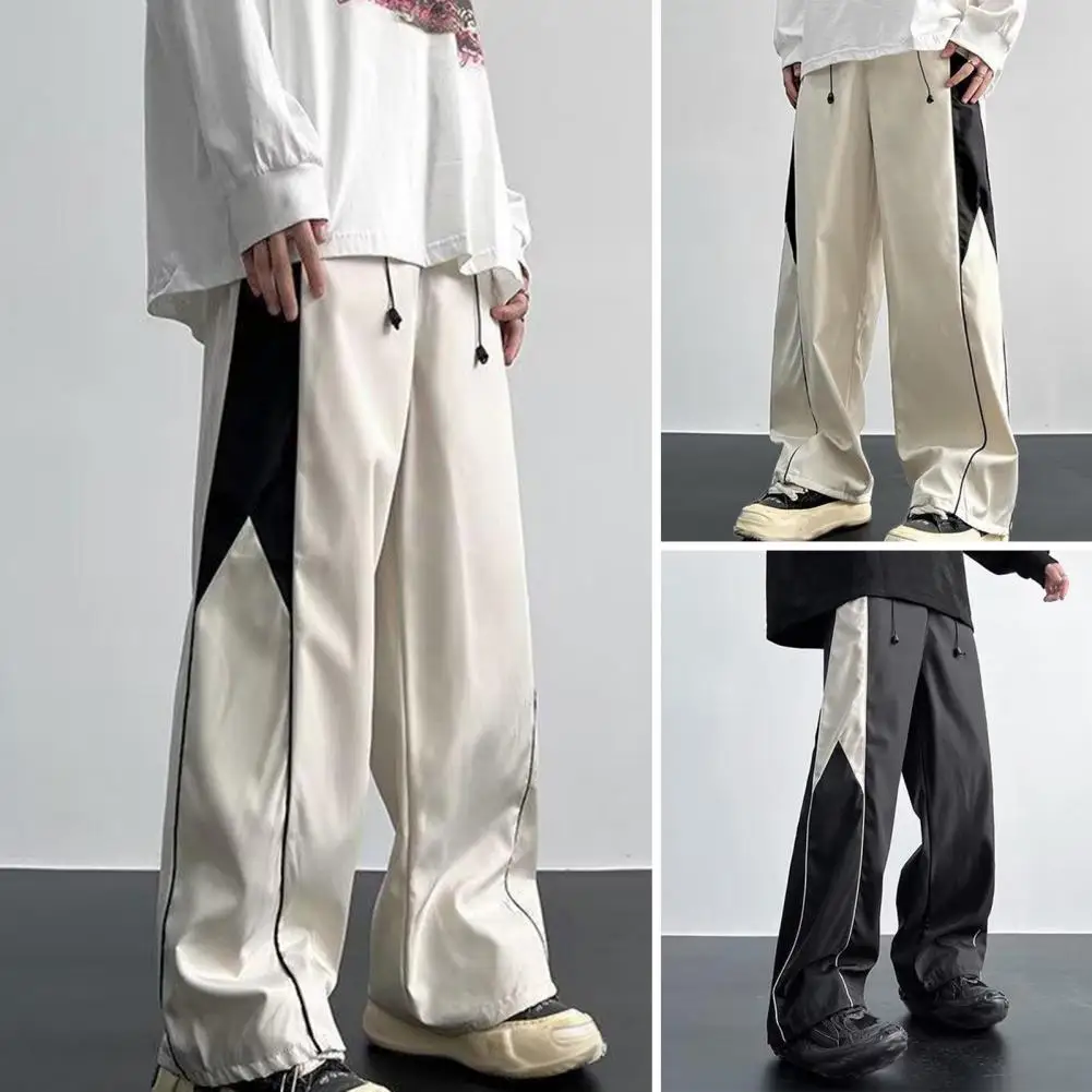 

Men Streetwear Trousers Men's Wide Leg Drawstring Sweatpants with Deep Crotch Elastic Waist Contrast Color Soft Breathable