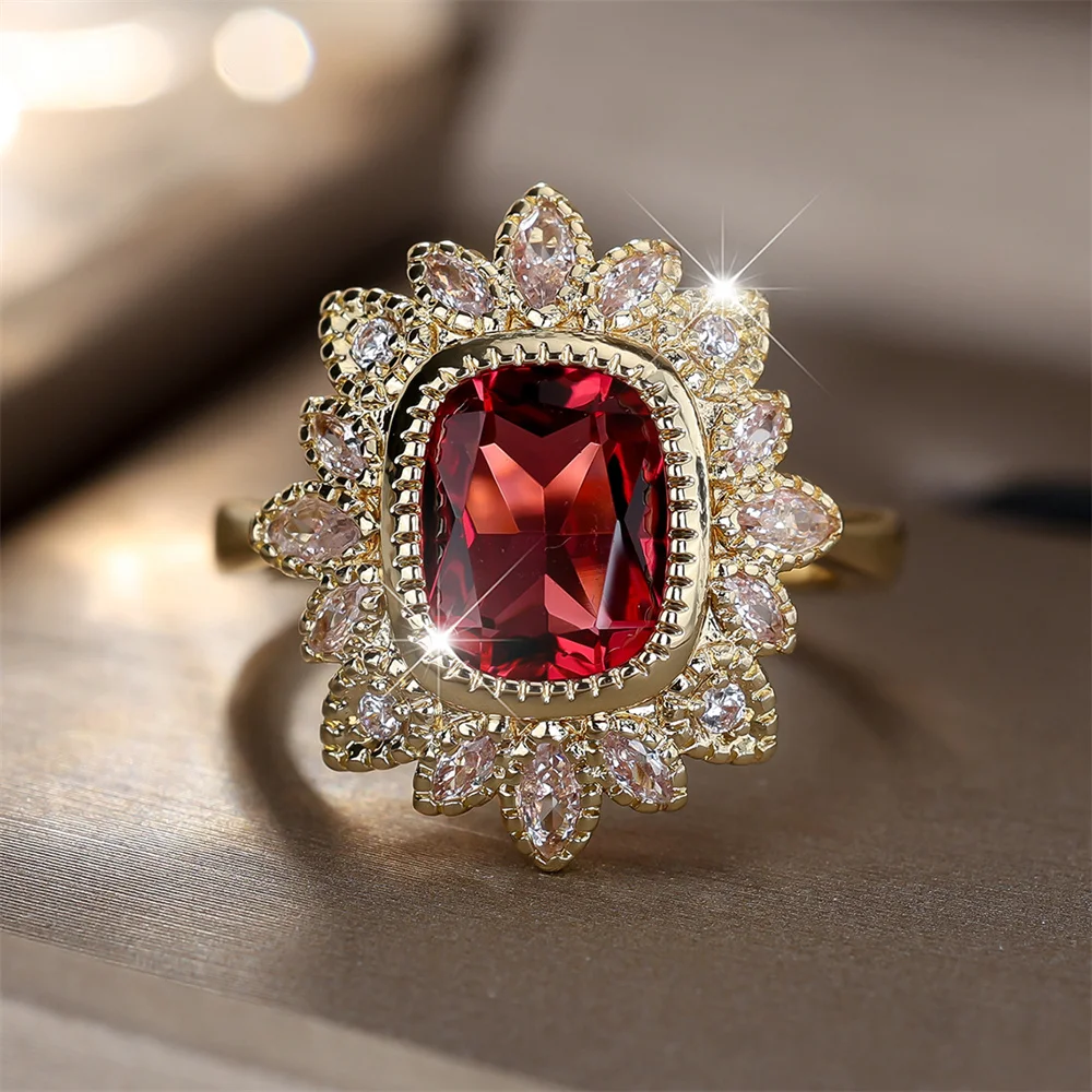 Red Crystal Square Stone Cute Flower Rings For Women Vintage Gold Color Engagement Bands Wedding Jewelry Bridal Birthday Gifts