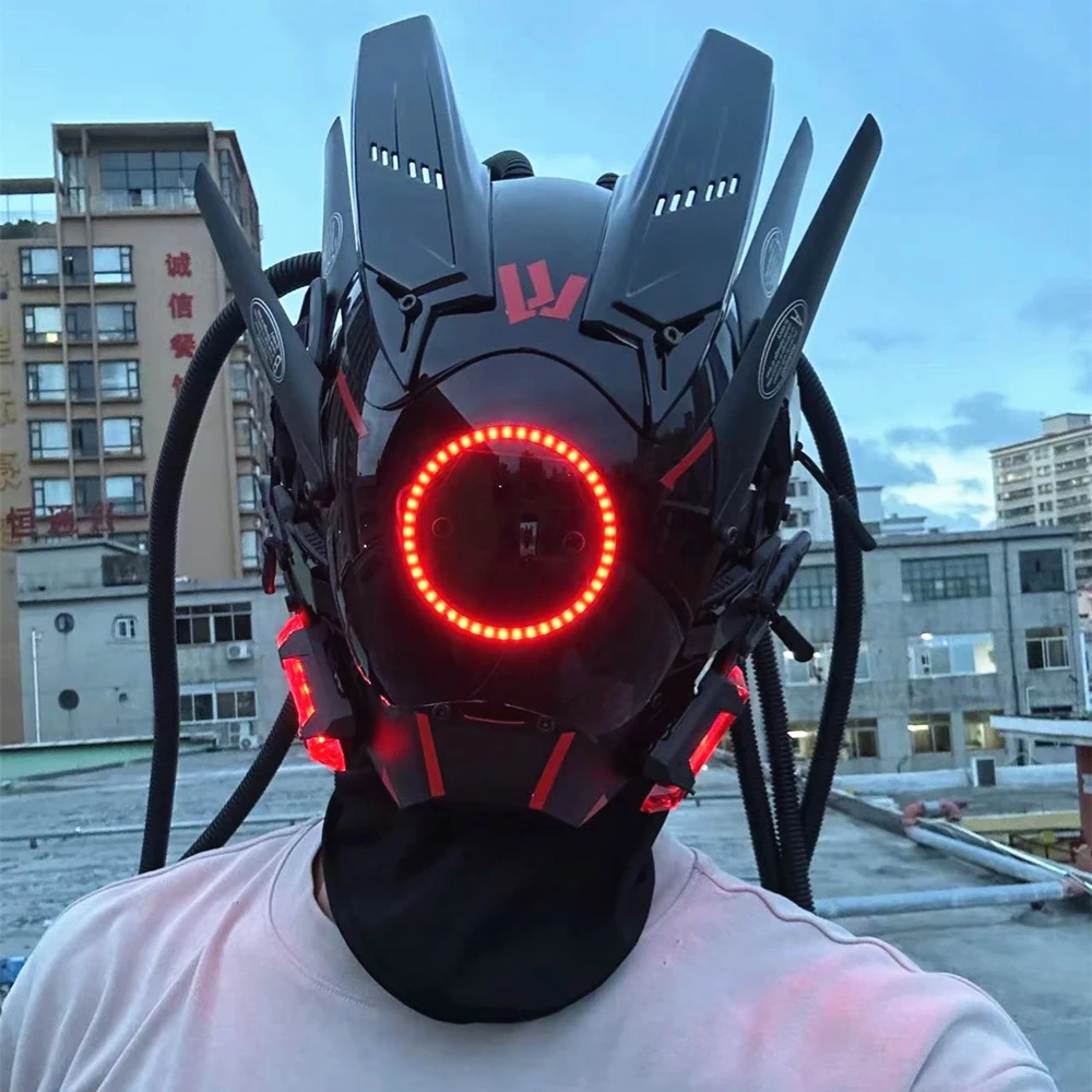 Cyberpunk Mask Red Lighting LED with Hair Music Festival Fantastic Cosplay SCI-FI Soldier Helmet Halloween Party Gift for Adults Face Mask Halloween Mask Party Masks 3d Printed Mask 3d Face Masks Superhero Mask