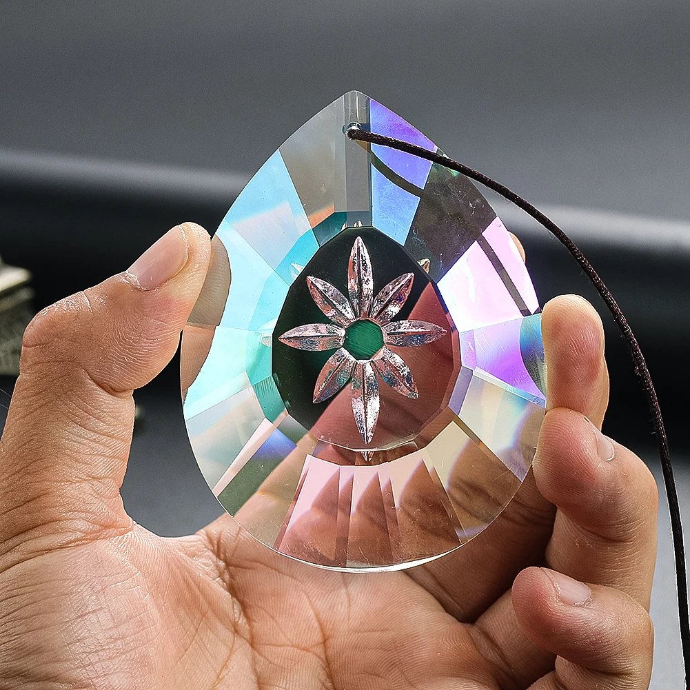 75mm Water Drop Crystal Engraved Snowflake Facete Glass Prism Sun Catcher for Indoor Hang Chandelier Light Gather Rainbow Maker