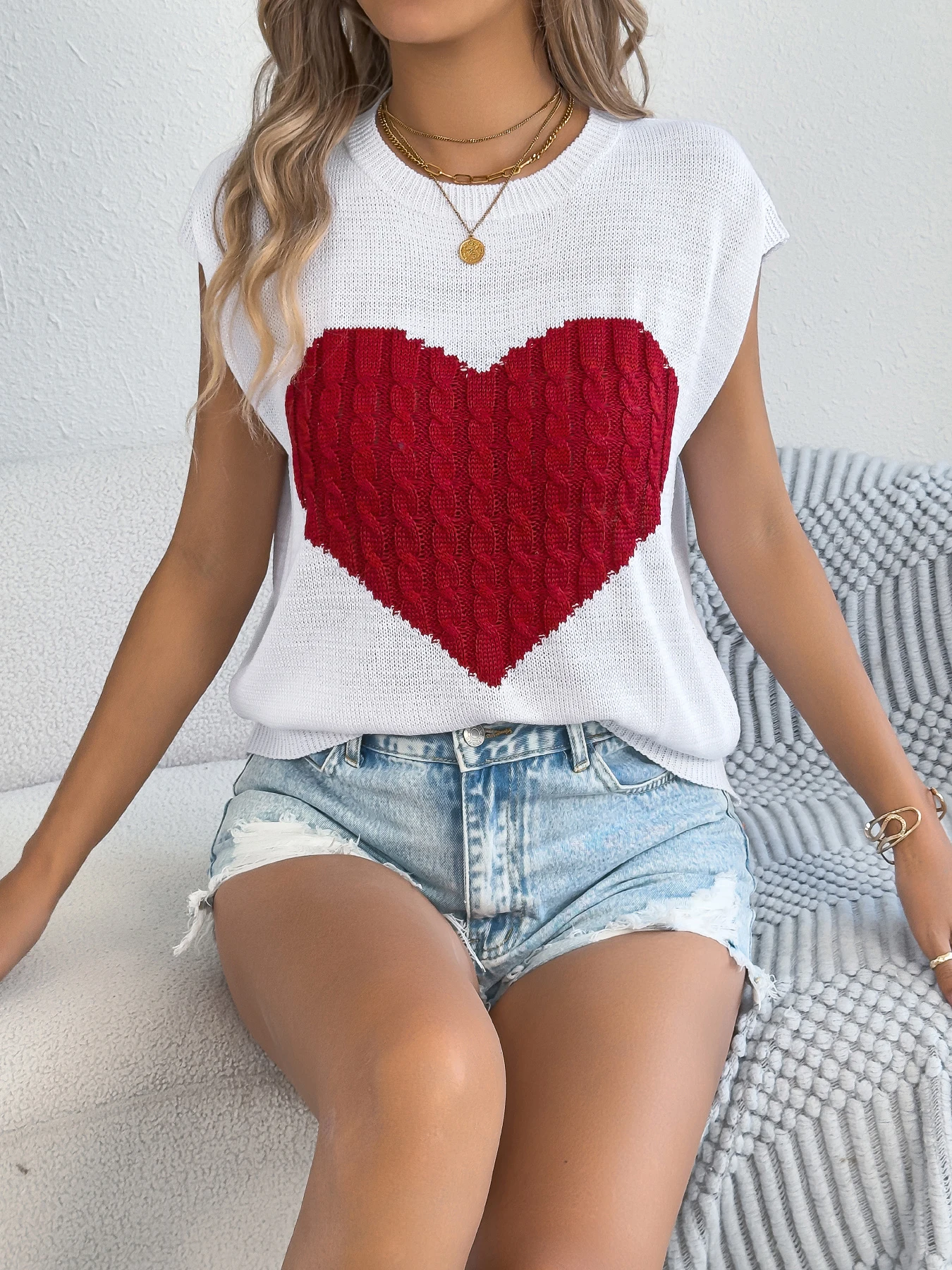 Womens Casual Heart Print Knitted Sweater
