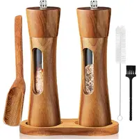 8inch Sets Wooden Salt and Pepper Grinder With Base,Ceramic Core Transparent Window Manual Pepper Mills Kitchen Spice Shaker Set