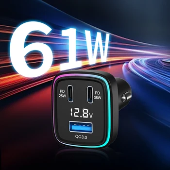 Adattatore per caricabatteria da Auto adattatore USB C per Auto caricatore per telefono 61W adattatore per Auto con luce ambientale colorata a otto colori 3 porte ricarica rapida