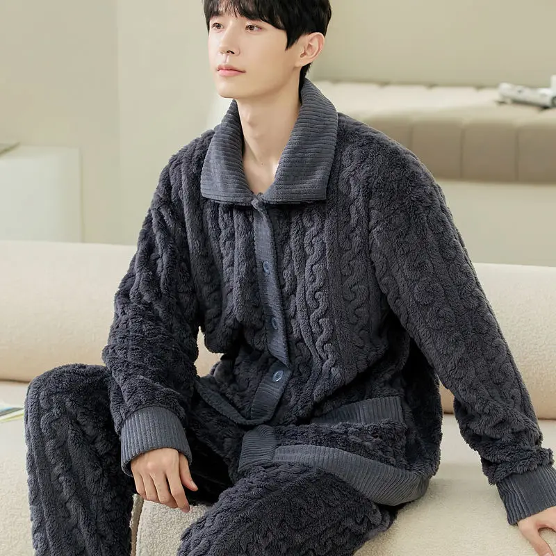 2024 New Men's Coral Fleece Pajama Loungewear Autumn Winter Nightwear Thickened Fleece Sleepwear Youth Flannel Warm Homewear Set