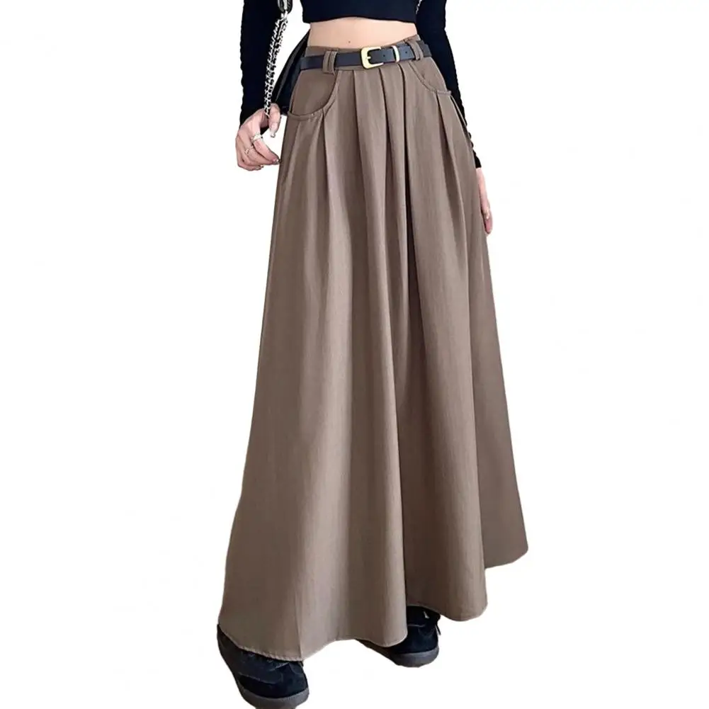 Fashionable Solid Color Skirt Elegant Flared A-line Midi Skirt with Pockets for Women Solid Color Lady for Autumn for Summer