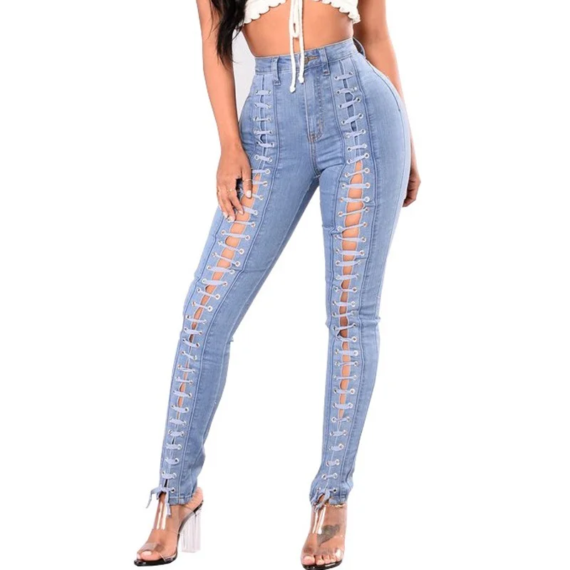 Women's Hollow Out Fashion Solid Sexy Casual Pencil Skinny Jeans 2021 Female High Waist Stretchy Jeans Lace Up Slim Denim Pants