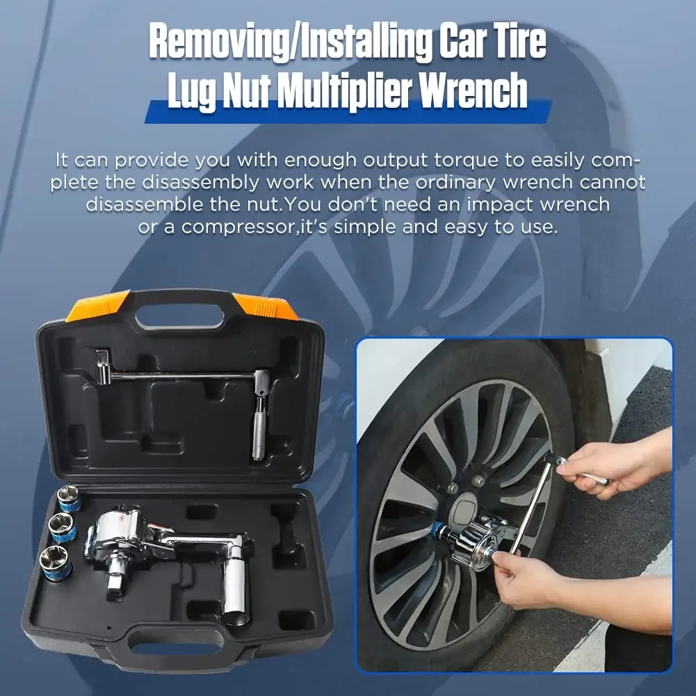 Torsion Multiplier Wrench Set For Tires - 1:16 Gear Ratio, Includes 17mm 19mm 21mm Sockets, Lug Nut Remover For Car & SUV