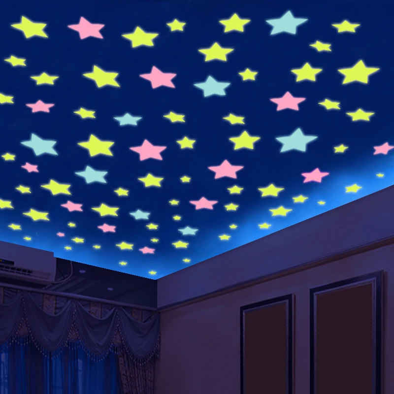 50 sztuk Luminous fluorescencyjne na ścianę naklejki 3D gwiazdy świecące w ciemności naklejki ścienne dla dzieci pokój dziecięcy sypialnia sufit Home Decor