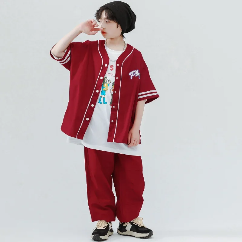 

Burgundy Crewneck Letter Print Pullover Elastic Waist Sweatpant 2pcs Kpop Outfit Stage Performance Boy Hip Hop Dance Costume