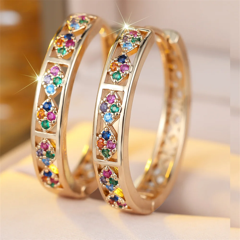 Multicolor Small Round Stone Rainbow Zircon Hoop Earrings For Women Vintage Gold Color Ear Buckle Wedding Jewelry Valentine Gift