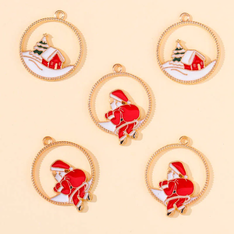 10 Stücke Goldene Legierung Runde Aushöhlen Santa Schnee Haus Charms Anhänger für DIY Weihnachten Ornament Ohrringe Armband Schmuck Machen – Detail 7
