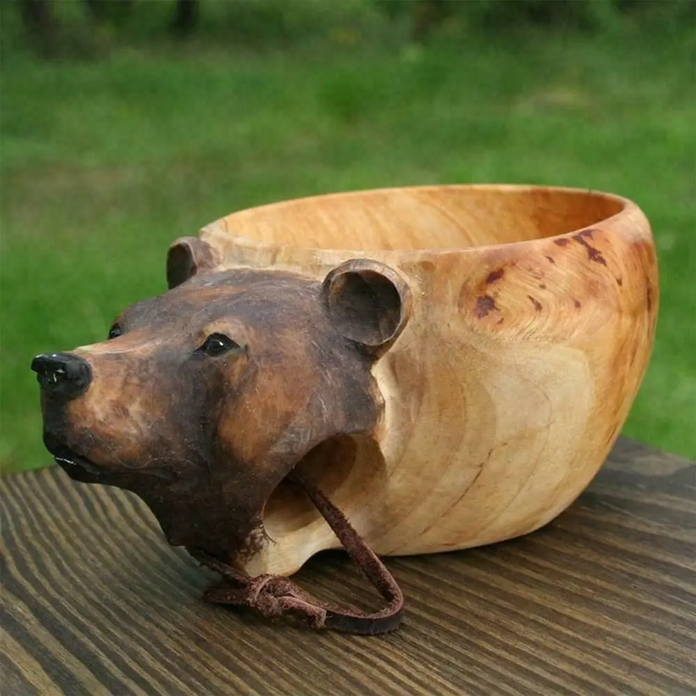 1PC Animal Shape Hand Carved Cup Wooden Mug Camping Coffee Cup Gear