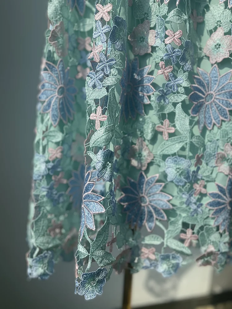 JIAMI Hollow Embroidery Vintage Long Skirt High Quality Flower Luxury Skirt Large Hem Elegant Party Fairy Style Women Clothes