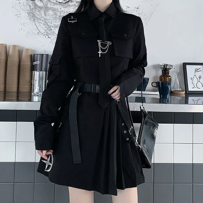 Spring Harajuku Streetwear Two-Piece Skirt Spring Oversize Punk Chain Ribbon Skirts Women 2 Piece Suit For Female 3
