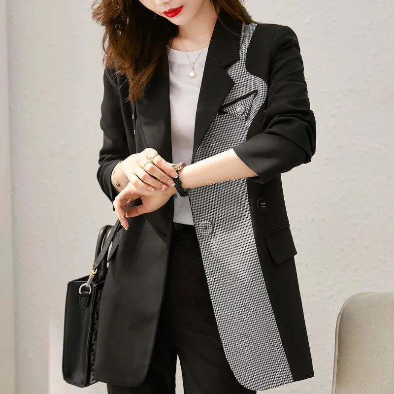 

2024 Spring Autumn New Coat Thick Warm Fashionable Overcoat Casual Contrast Suits Spliced Blazers Women Loose Commuting Outwear