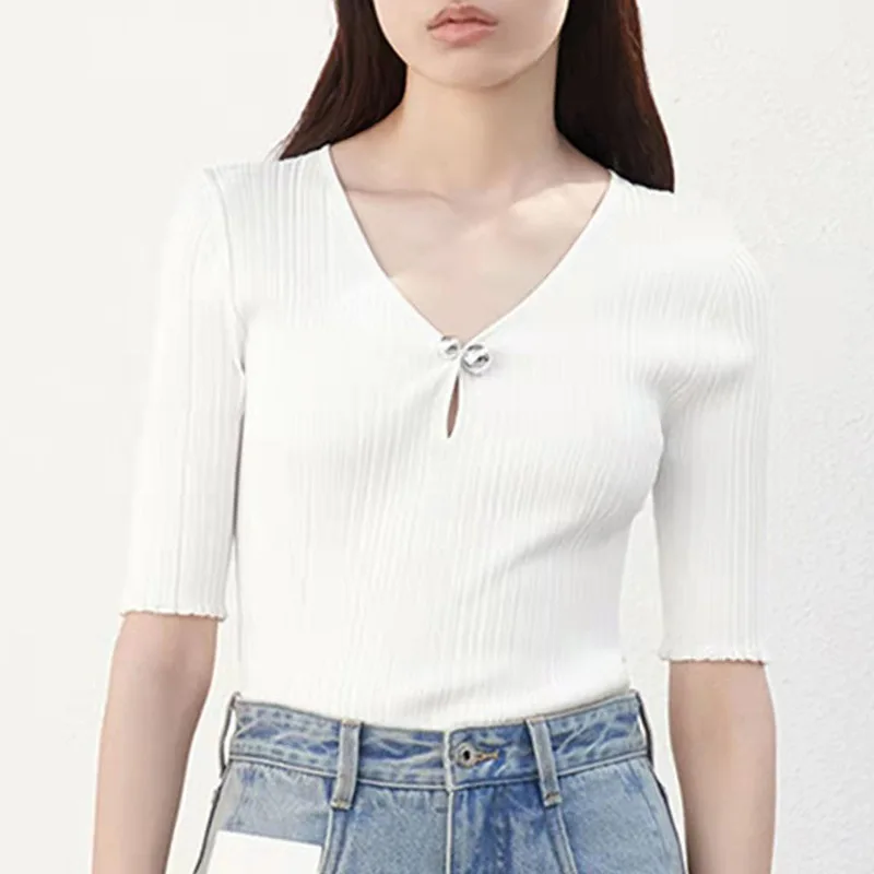 

Round Bead Button Knitted Short Sweater for Women 2023 Spring New Short-Sleeved Lady Slim Fit Knitwear Pullover Top