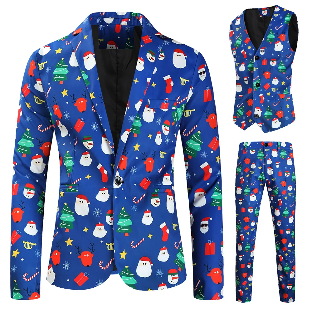 thumbnail image 1 of Trajes navideños para hombre, traje de 3 piezas de corte regular, estampado de copos de nieve, muñeco de nieve, chaqueta, pantalones, chalecos, conjunto de traje para hombre para Navidad, 1 of 5