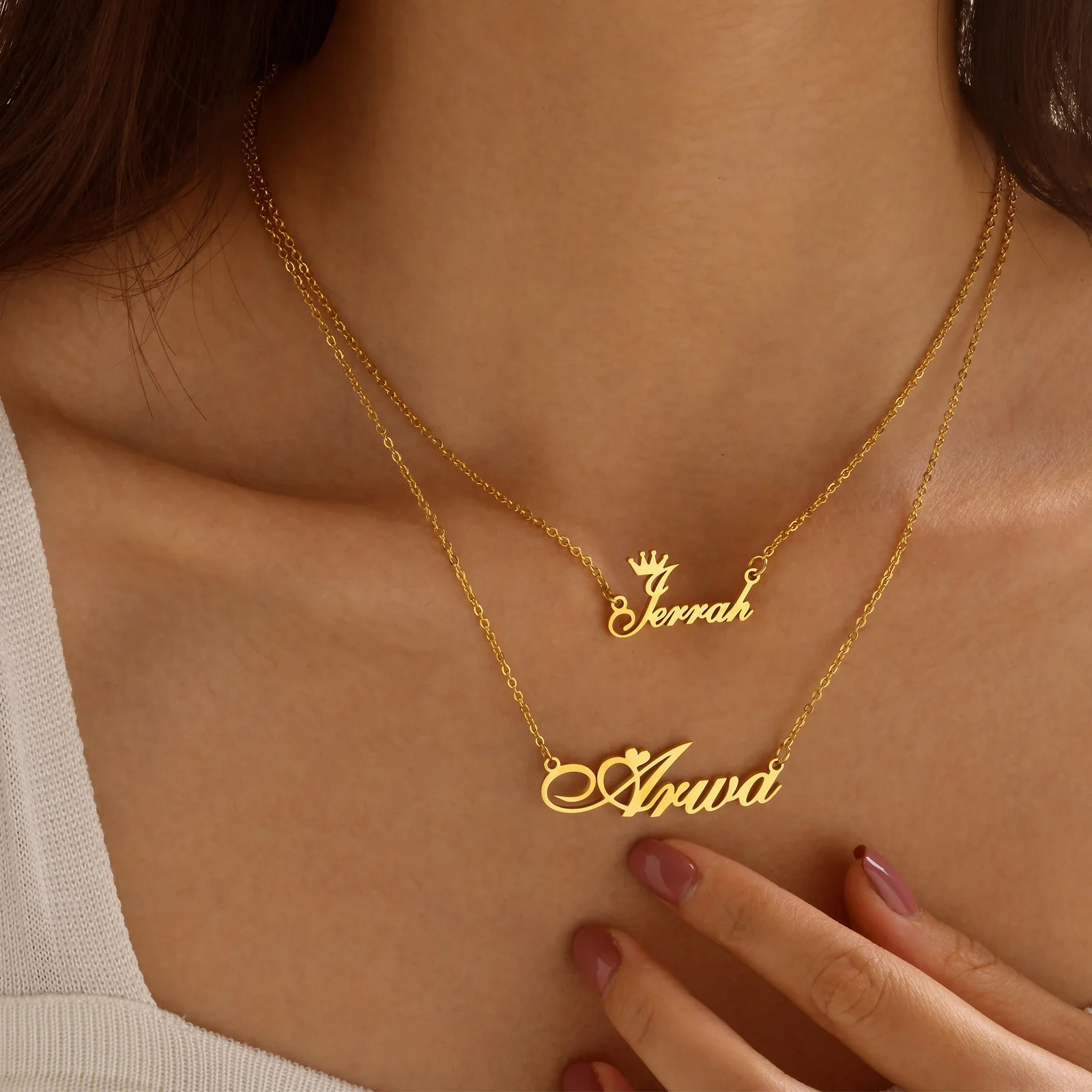 

Layered Name Necklace For Women, Customized Crown Heart Nameplated Necklace Pendant, Adjustable Link Stainless Steel Jewelry