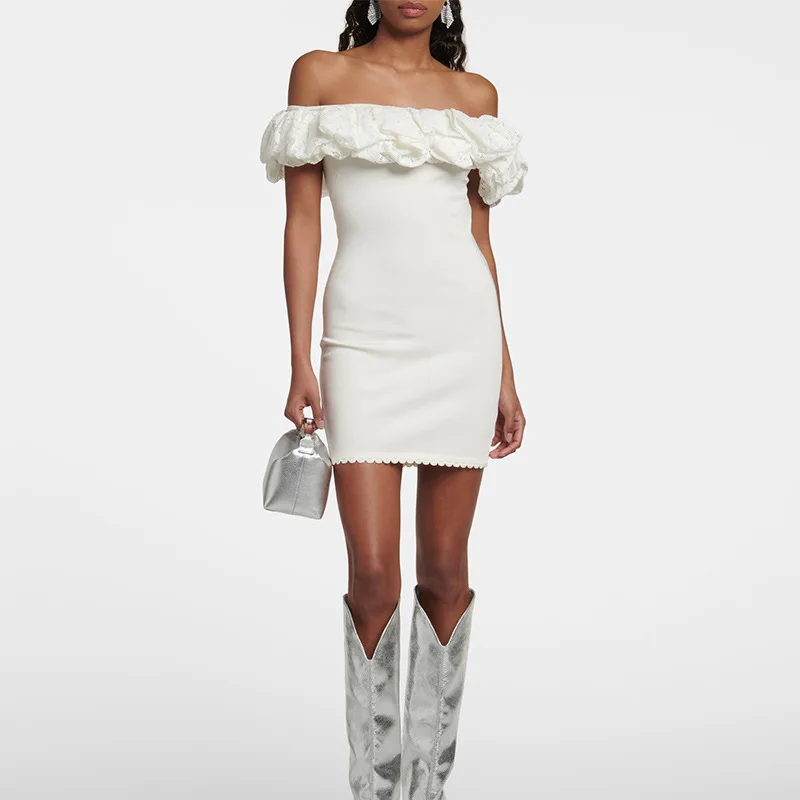 

Women's White Evening Dress with Off The Shoulder Lace Ruffle Embellishments Mini Dress Strapless Sexy Women's Dress