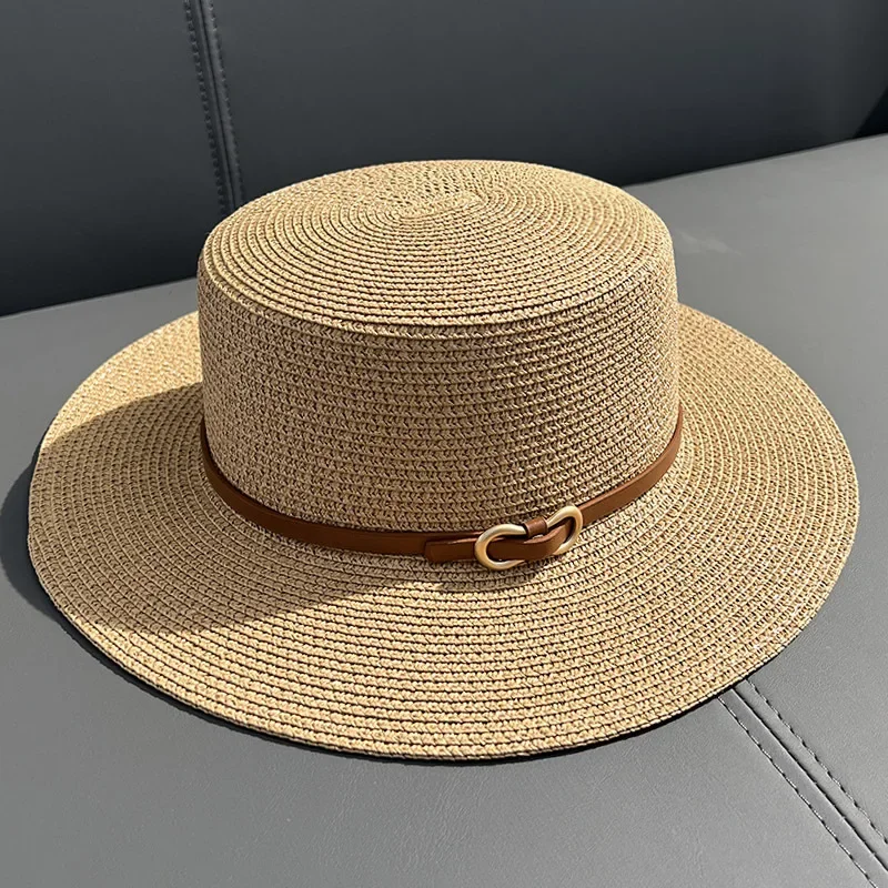 2023 Simple Straw Summer Women Beach Hat Female Casual Panama Hat Lady Brand Women Flat Brim Bowknot Straw Cap Girls Sun Hat