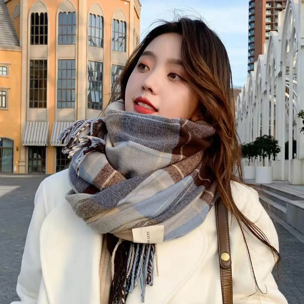 Colored Scarf Winter Scarf with Tassel Stylish Plaid Print Warm Windproof Lady Neck Wrap Shawl for Cold Weather Lady Long Scarf