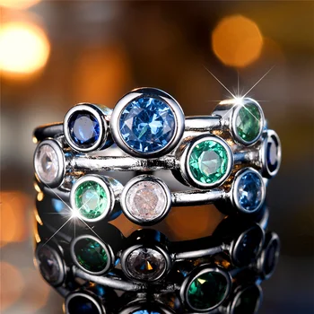 Unique Female White Blue Green Zircon Stone Finger Engagement Ring Vintage Silver Color Wedding Band Bridal Jewelry For Women