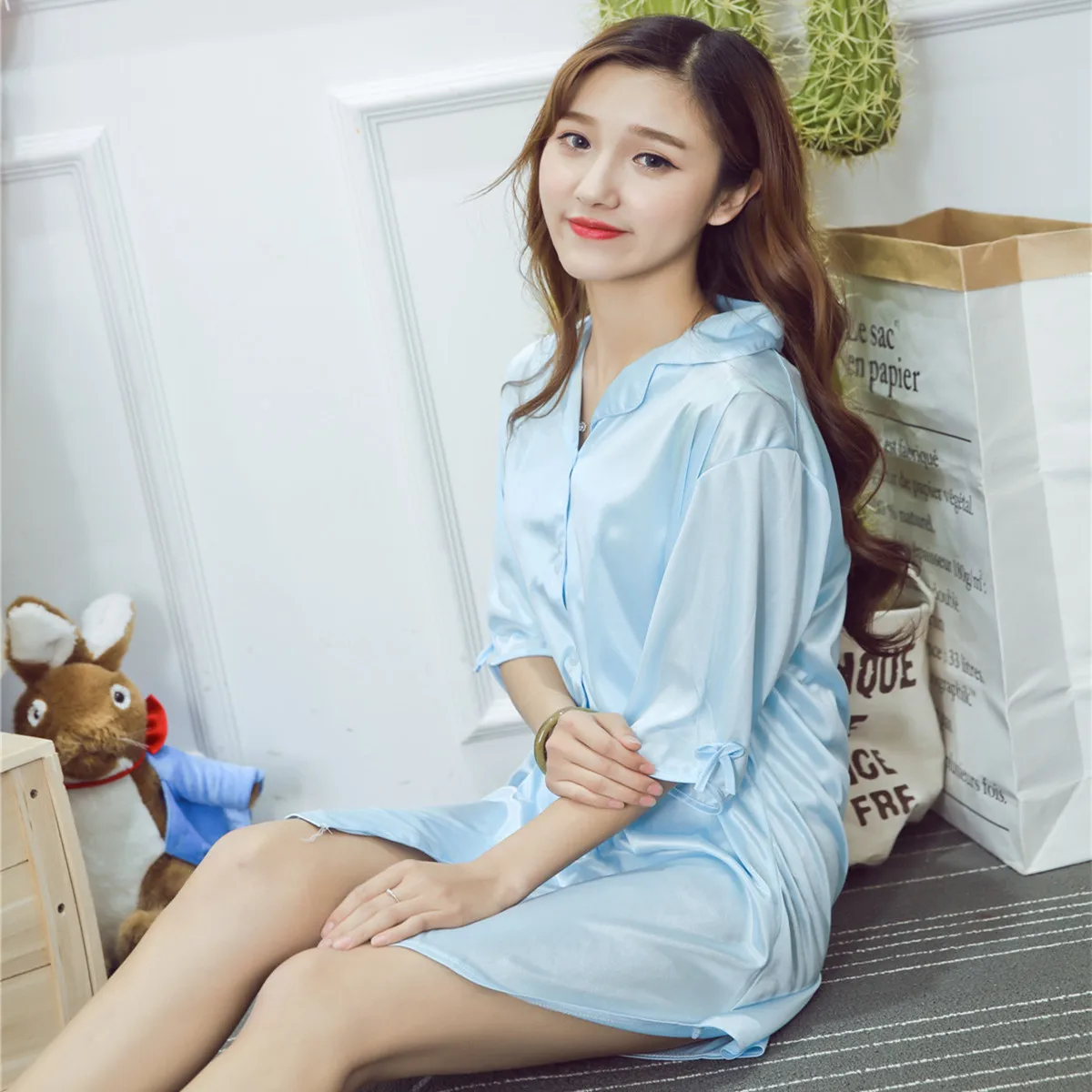 Women Nightgowns Half Sleeves Silk Satin Sleepwear Big Size S-XXL Sleep Dress Nighttie Sleepshirts Nightwear Ladies Dress Home