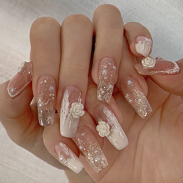 gradient rhinestone artificial nails with glue press on fake nails short acrylic false nails with designs Reusable Ballet