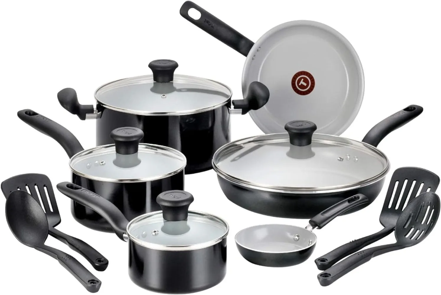 

T-fal Initiatives Ceramic Nonstick Cookware Set 14 Piece Oven Safe 350F Pots and Pans Black