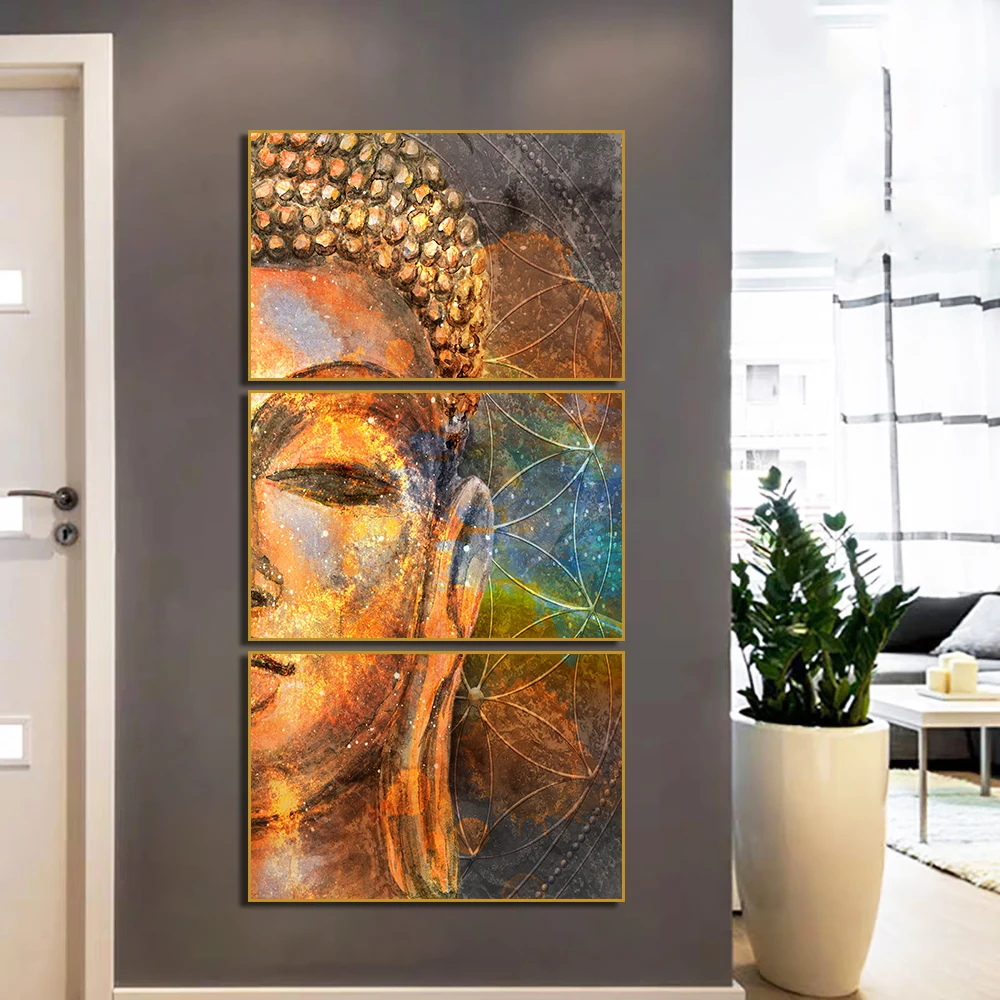 

Abstract 3 Panel Golden Buddha Canvas Painting Modern Posters And Prints Wall Art Pictures For Living Room Home Decoration