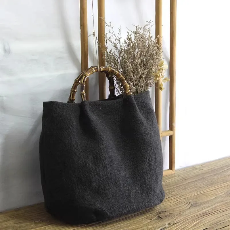 Cotton linen bamboo Large Capacity Women Tote Bag Soft Surface Single Shoulder Bag High-end Feel Commuting Tote Vintage Handbag