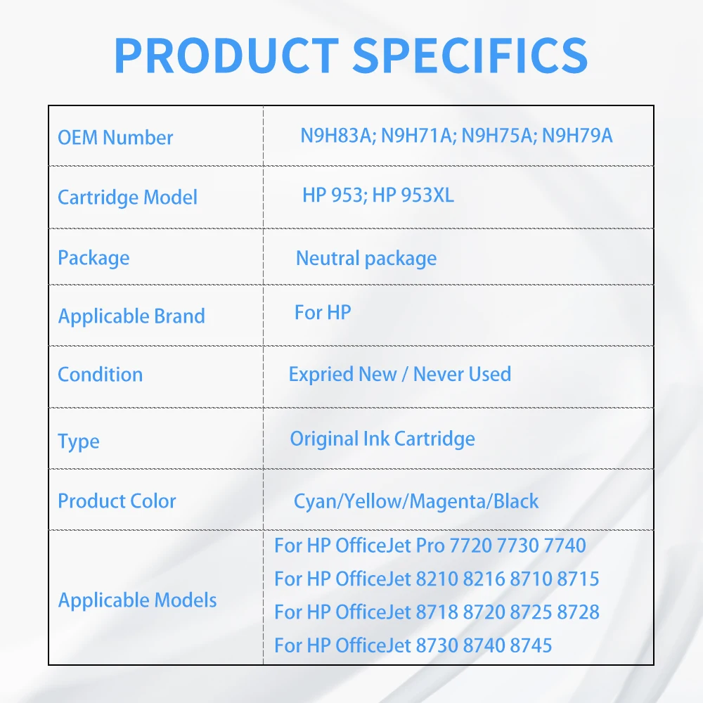 For hp953 hp 953XL 953 953XL Ink Cartridge For HP 7740 7720 7730 8210 8218 8710 8715 8718 8719 8720 8725 8728 8730 printer supplies ink cartridge inkjet ink cartridge