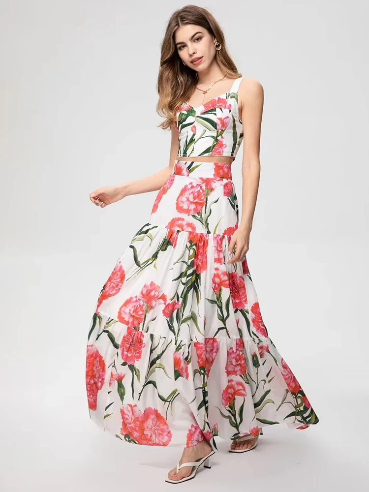 

MoaaYina Fashion Runway Summer Vacation Floral Skirts Suit Women Short Spaghetti Strap Top + Flower print Skirts 2 Pieces Set