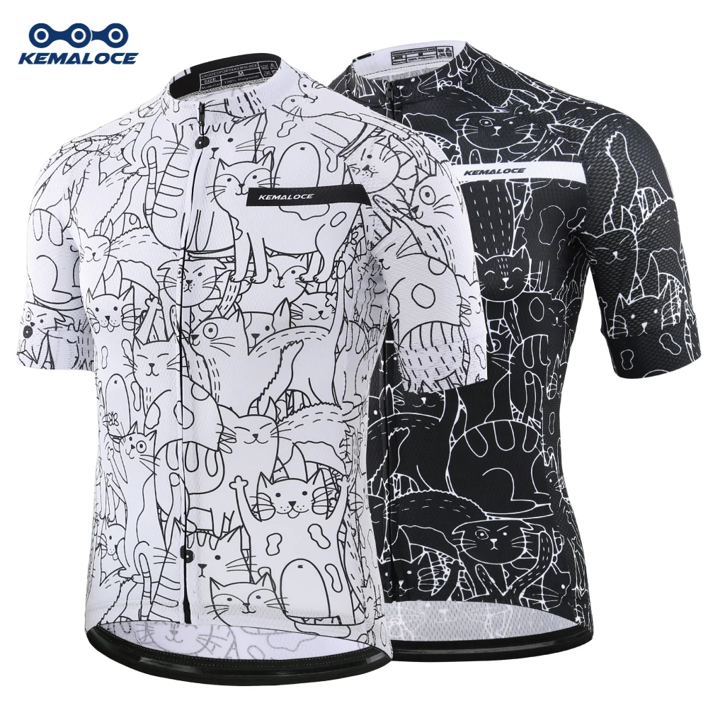 KEMALOCE Breathable Unisex White Cartoon Cat Cycling Jersey Spring Anti-Pilling Eco-Friendly Bike Clothing Top Road Team Bicycle