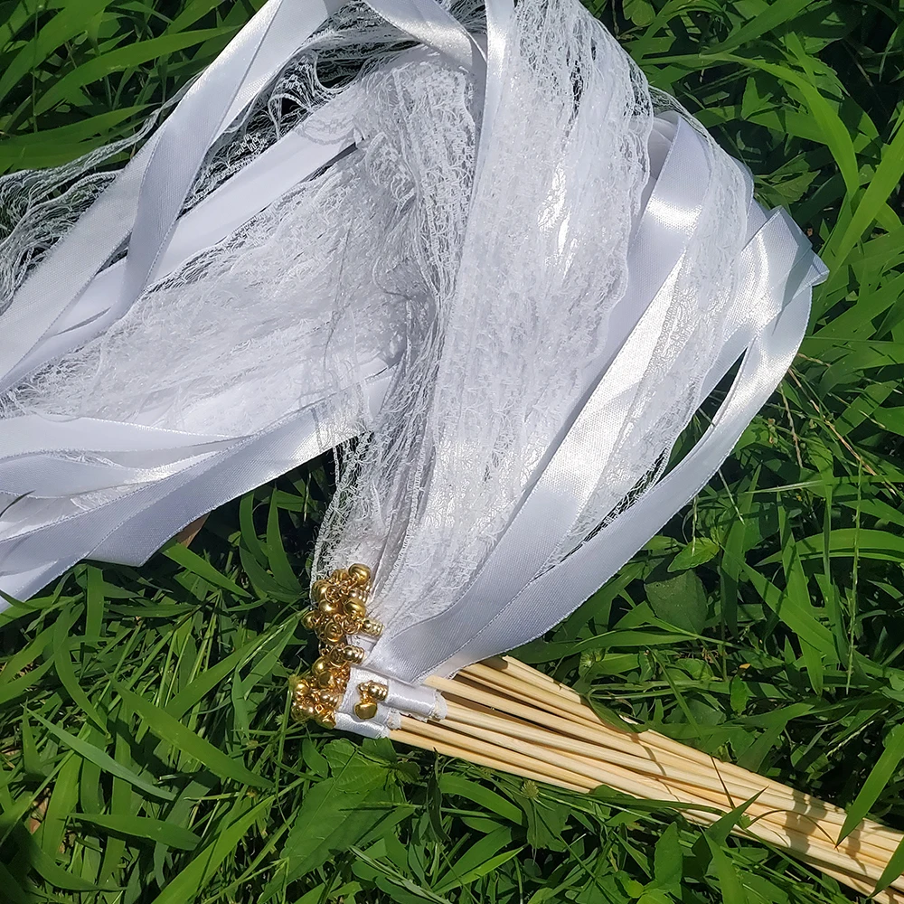 Wedding Ribbon Wands White Ribbon Wands Fairy Sticks Wedding Twirling Lace Streamers Golden Silver Bell Party Cheering Prop Favor
