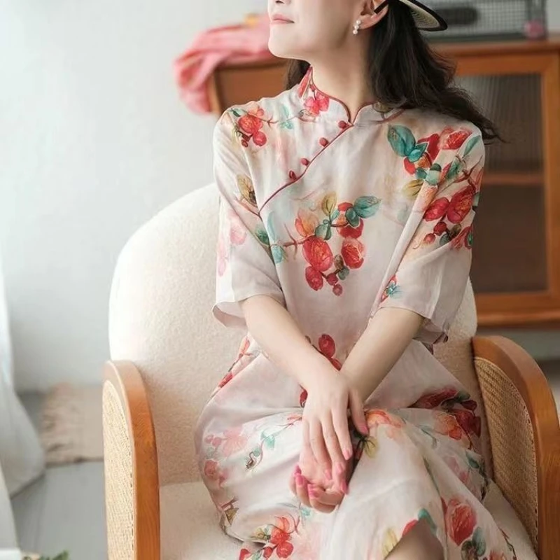 

Chinese Art Style Buckle Cheongsam Skirt Summer New Stand Collar Knee Length Dress Retro Printed Cotton Linen Clothing for Women