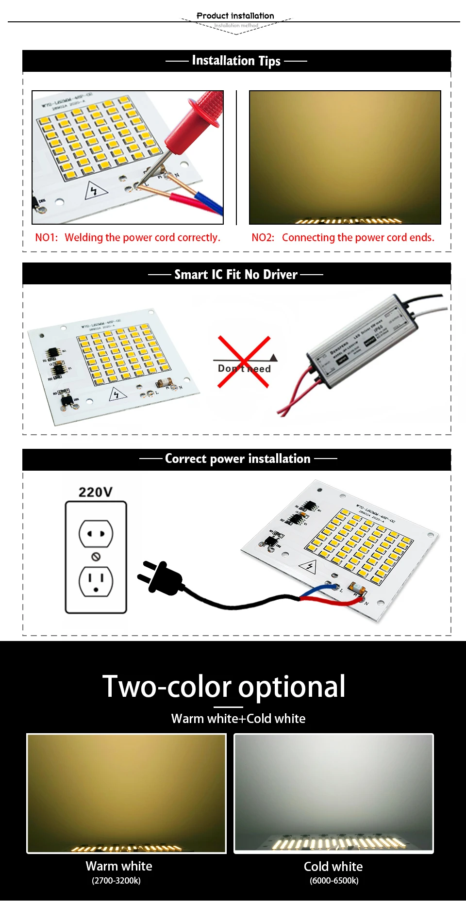 LED Chip Lamp Bead 10W 20W 30W 50W 100W LED 220V Smart IC No Need Driver DIY Flood Light Led Matrix Spotlight Outdoor Chip Lamp