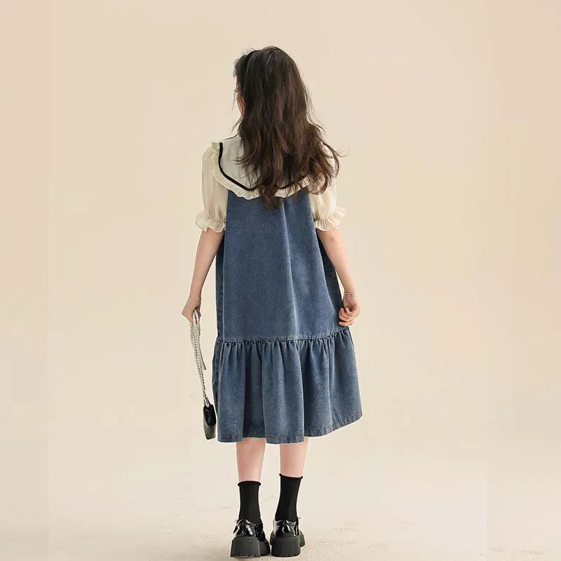 레이스 라펠 거즈 대비 버블 슬리브 원피스 원피스 주니어 소녀 데님 원피스, 2024 여름 여고생 원피스 십대 소녀