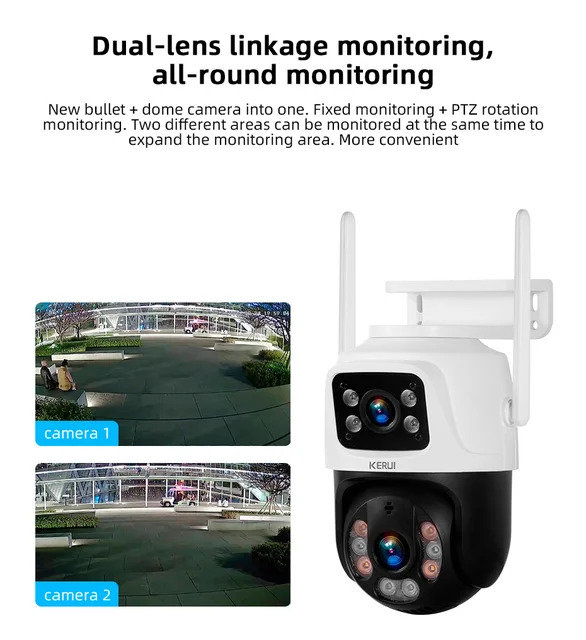 KERUI 6MP WIFI IP Camera Outdoor PTZ Dual Lens Dual Screen Auto Tracking Waterproof Security Surveillance Police Light Alarm 3