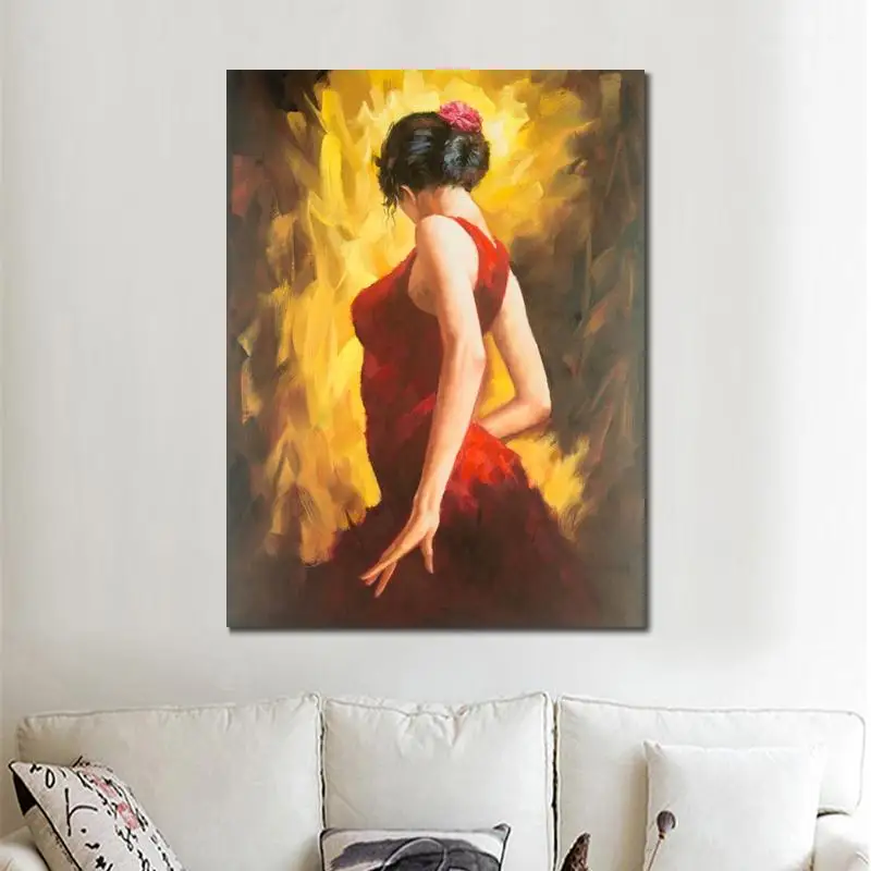 

Handmade Oil Paintings Beauty Lady Figurative Flamingo Dancer Red Dress Brighten Yellow Canvas Art for Wall Decor