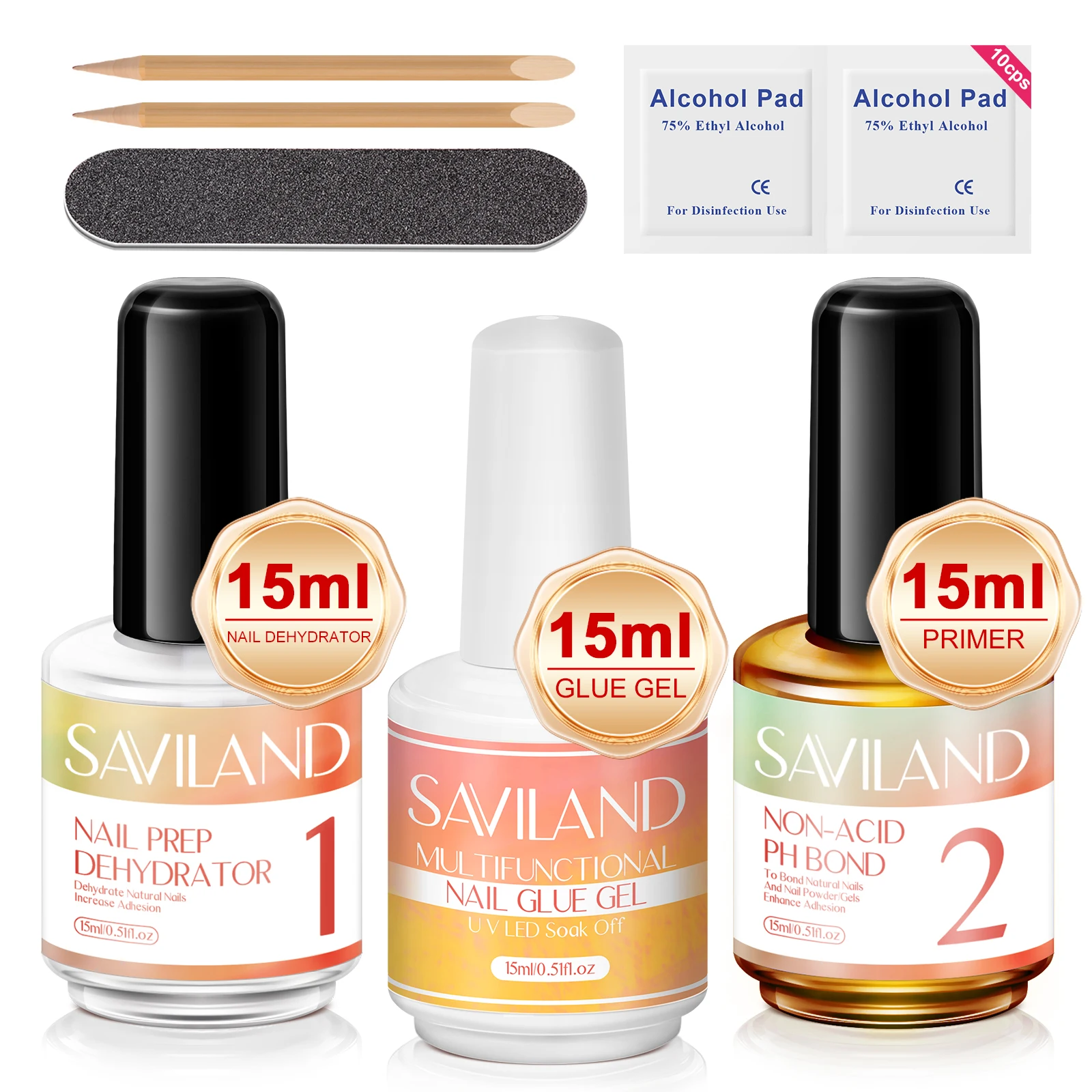 SAVILAND 3pcs Nail Dehydrator and Primer Gel Nail Prep Gel 15ml Super Strong Glue for Polish Press Ons Kit Art