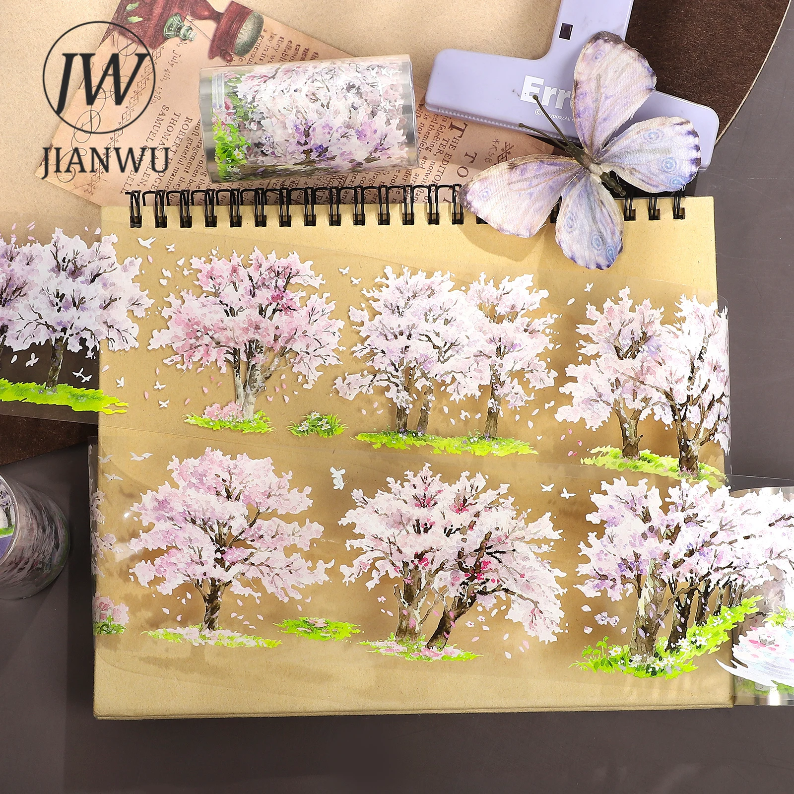 JIANWU 70mm * 5m 빈티지 벚꽃 나무 꽃 풍경 소재 콜라주 스크랩북 PET 테이프 크리 에이 티브 DIY 저널 문구