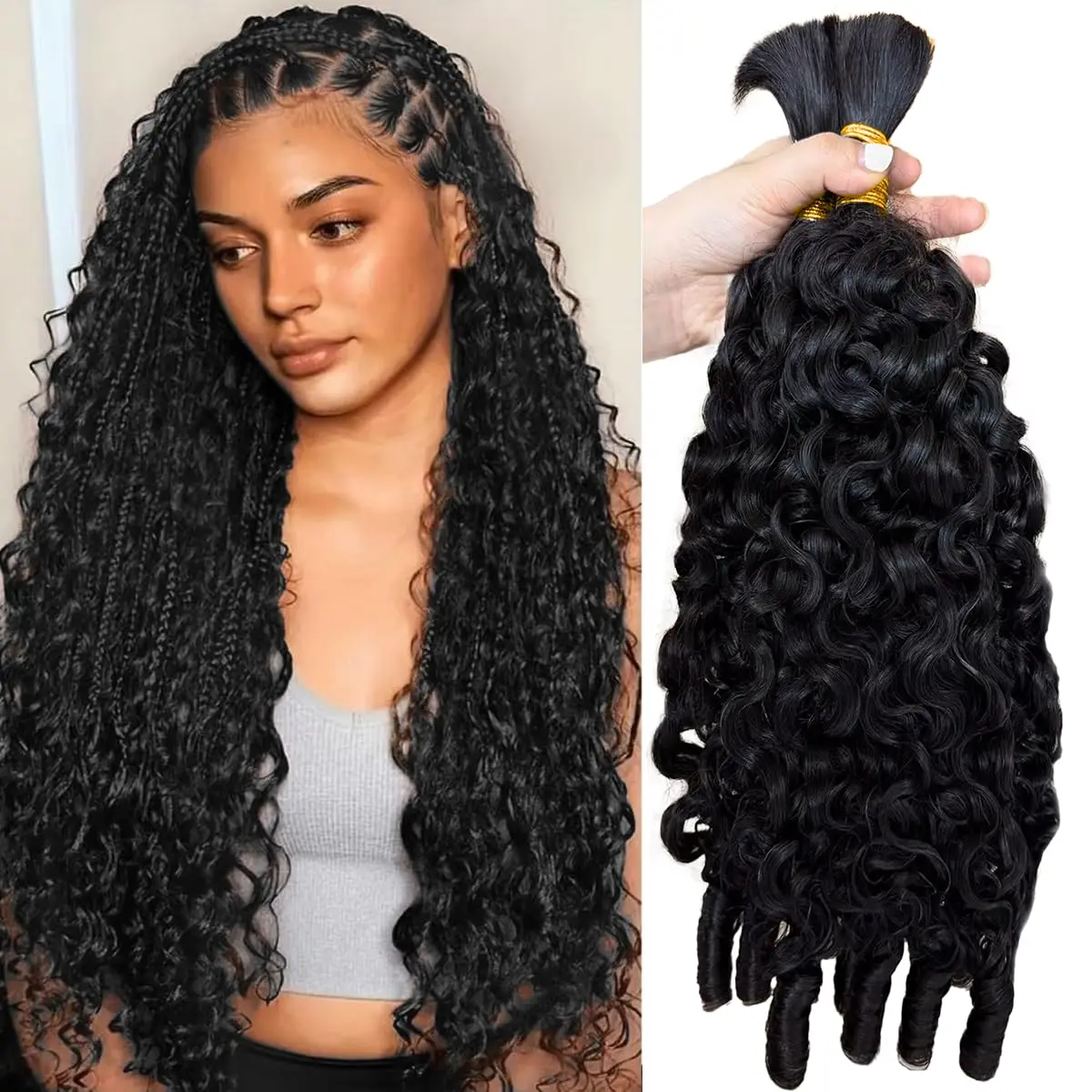Human Braiding Hair for Boho Braids Water Wave Bundles Burmese Curly Spiral Curly Ends Bulk Virgin Hair Extensions Natural Black 6