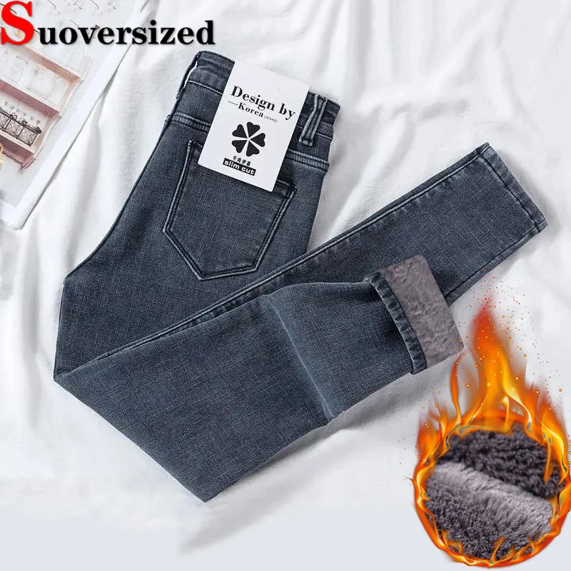 

Plus Velvet Slim Ankle-length Jeans Winter Warm High Waist Vaqueros Fashion Women Stretch Denim Pants Thicken Skinny Pantalones