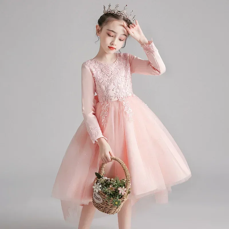 

2023 Spring New Dress for Children's Trailing Piano Performance Evening Dress for Girls Elegant Long sleeved Princess Dress Summ