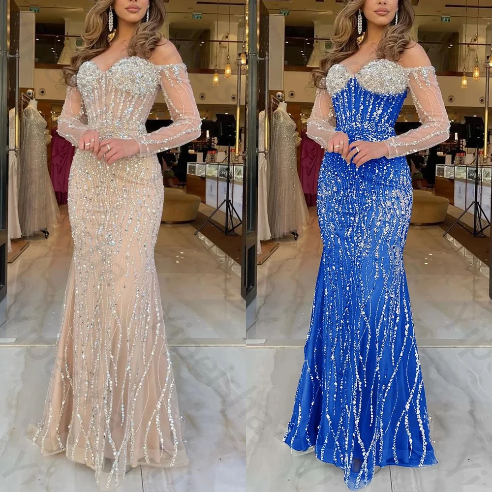 knee length dresses for ladies Long Sleeves Glitter A Line Long Prom Dress main image 0