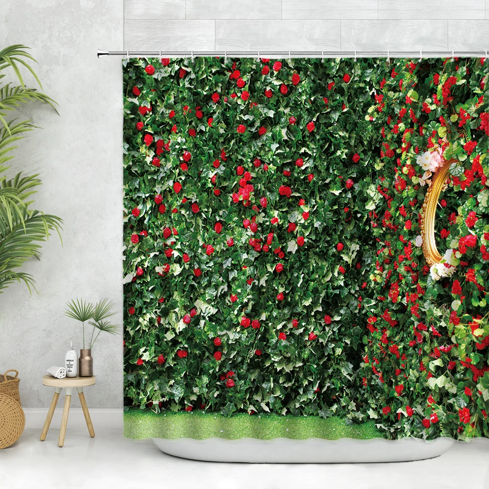 Red Flowers Wall Shower Curtain Floral Plant Green Leaf Vine Printing Home Decor Bathroom Polyester Curtains Bathtub Screen Sets